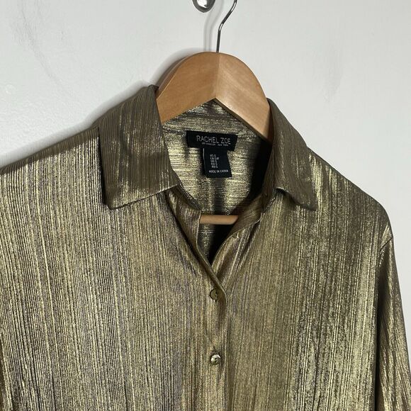 Rachel Zoe Gold Metallic Button Up Long Sleeve Shirt Womens S Disco Y2K - Picture 2 of 9